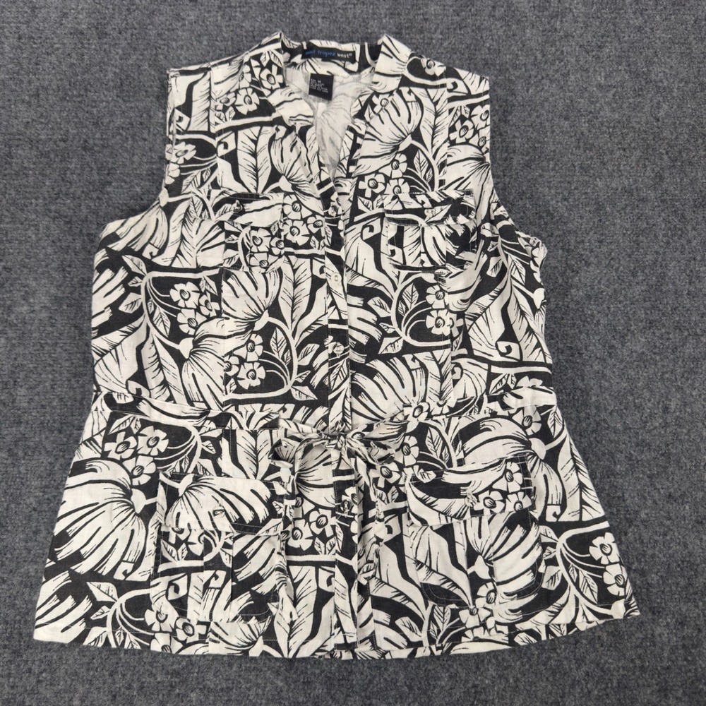 Saint Tropez West Womens Medium Black White Floral 100% Linen Sleeveless Top
